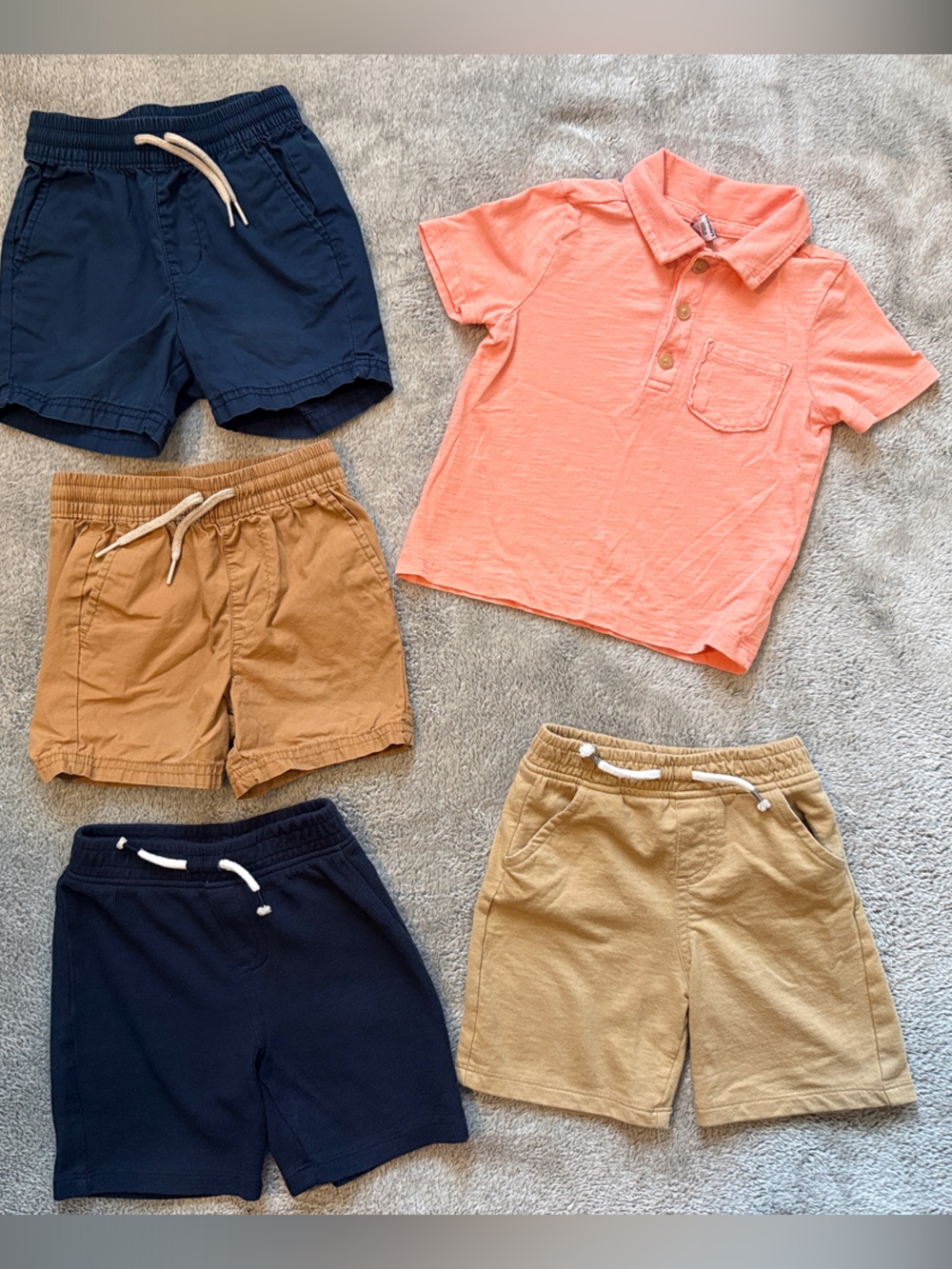 Kids Casual Pull-On Shorts Bundle in Navy, Tan, and Coral collared shirt
